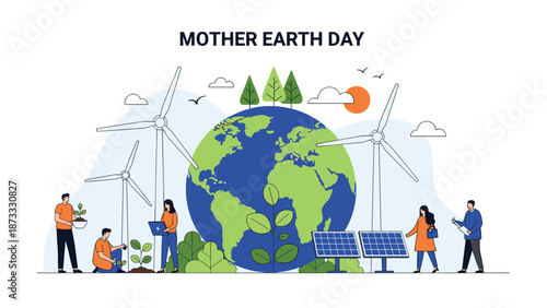 Diverse group of people work together to protect the planet through planting trees and using renewable energy for Mother Earth Day celebration.