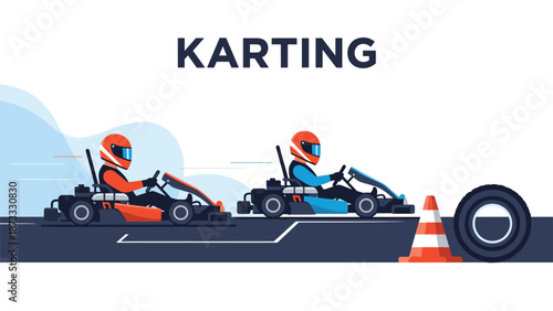 Two competitive racers in red and blue karts speed through a racing track featuring safety cones and tires for an exciting professional sport event.