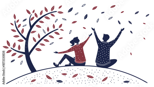 A couple enjoys a joyful autumn moment under a tree with falling leaves a beautiful silhouette