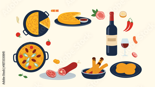 Delicious collection of traditional Spanish tapas including paella, potato tortilla, red wine, jamon serrano, and churros for a Mediterranean feast.