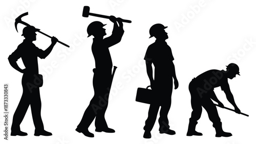 A depiction of construction workers in various poses holding tools presented as a striking dark silhouette