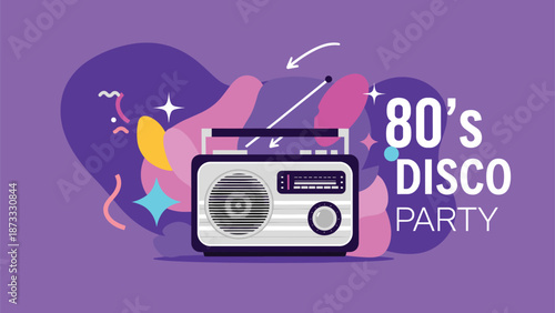 Vibrant 80s Disco Party promotional graphic features a classic retro radio boombox against a colorful abstract background with neon stars and shapes.