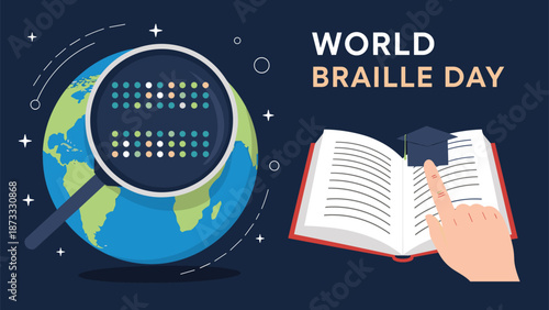 World Braille Day educational graphic features a person reading a book with their finger and a magnifying glass highlighting dots on a blue globe.