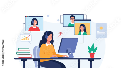 Young professional woman participates in a productive remote video conference with colleagues using her desktop computer in a bright home office.