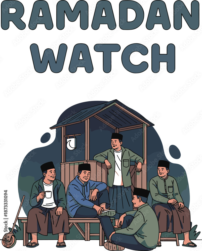 Obraz premium Ramadan Watch Poster with Men Gathering at Night Guard Post for Community Night Patrol Activity