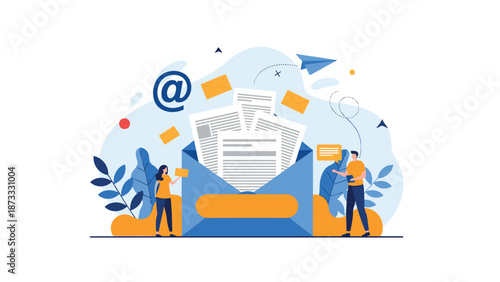 Digital marketing team manages an email campaign featuring a large blue envelope with multiple documents and communication icons in a workspace.