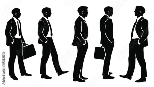 A series of five men in business suits walking in a row presented as a clean silhouette