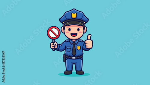 Cute Police Officer Holding Stop Sign and Giving Thumbs Up.