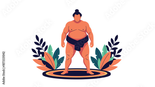 Powerful Japanese sumo wrestler stands ready in the center of a traditional ring surrounded by decorative tropical leaves for a sports match.