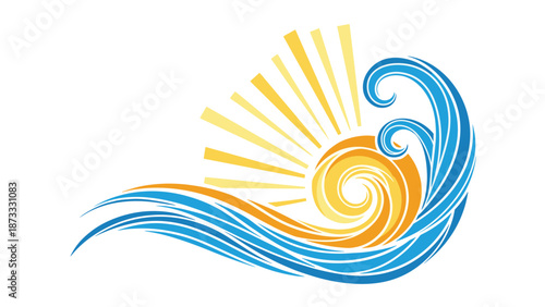 Abstract graphic design of bright sun rays with blue ocean waves in a circular motion isolated on a white background.