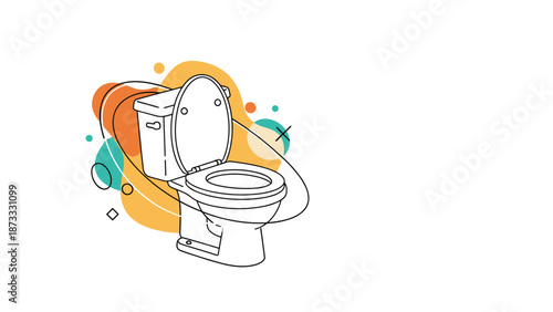 Line art illustration of a white toilet bowl with an open lid set against a backdrop of colorful abstract organic shapes.