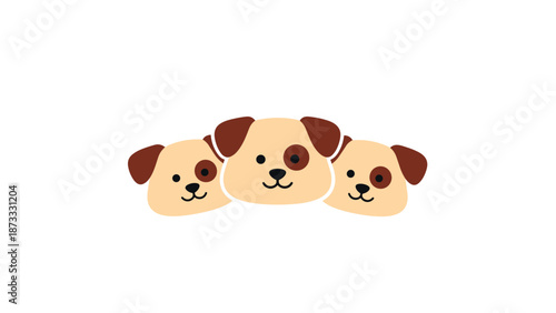Illustration of three identical cute puppy dog faces with brown ears and a patch over one eye arranged in a row.