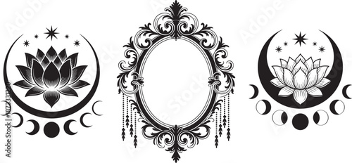 boho lotus moon line art set – mystical floral symbols and ornate vintage frame illustration