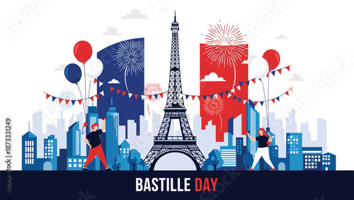 Bastille Day celebration in Paris featuring the Eiffel Tower skyline fireworks and people waving flags in national colors.