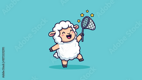 Cute Sheep Catching Stars with a Net.
