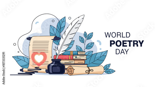 Artistic illustration for World Poetry Day featuring an inkwell quill pen old scrolls books and blue leaves on white.