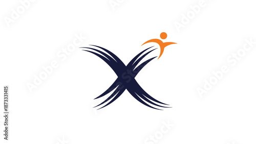 Creative logo design featuring a stylized letter X in dark blue with an orange human figure jumping or flying.