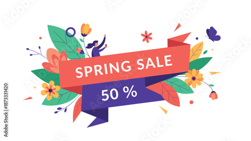 Colorful spring sale promotional banner with 50 percent discount text surrounded by vibrant flowers and leaves.