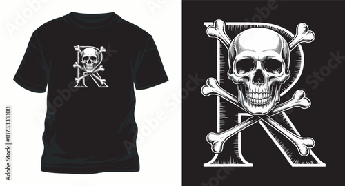 Gothic capital letter r with skull and crossbones emblem for dark fashion print