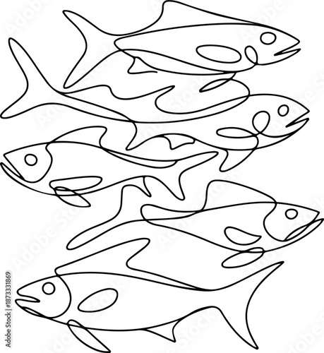 A continuous line drawing of five fish swimming in unison, representing unity and movement