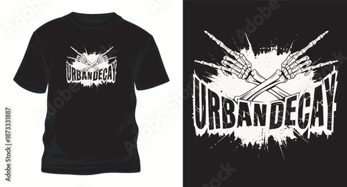 Urban decay typography with skeleton rock hands sign for streetwear apparel design