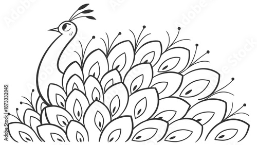 an elegant depiction of a peacock s plumage in a delicate line art style silhouette