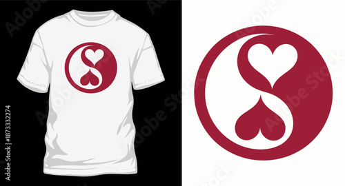 Yin yang symbol with two hearts intertwined inside circle emblem for love and relationship concept