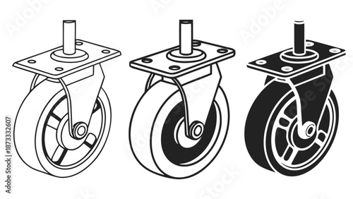 three different types of casters shown in a technical illustration emphasizing design and functionality silhouette