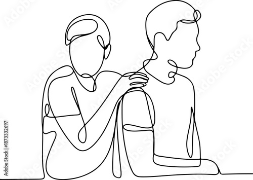 Continuous Line Illustration of Two People Touching Shoulders Gently – Minimal One Line Subtle Connection Art, Modern Emotional Design