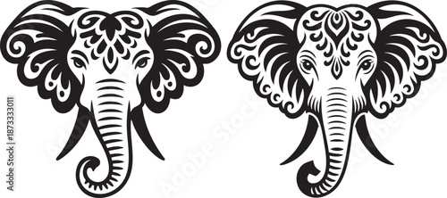 ornate elephant head line art set – tribal decorative animal illustration in black and white