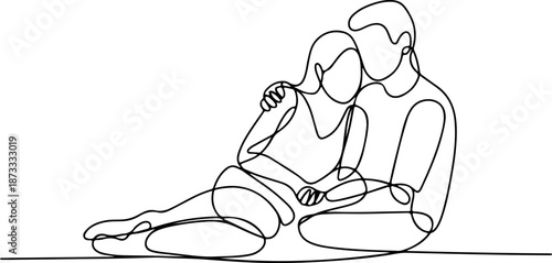Continuous Line Art of a Couple Resting Together on the Ground – Minimal One Line Relaxed Love Illustration, Serene Intimate Design