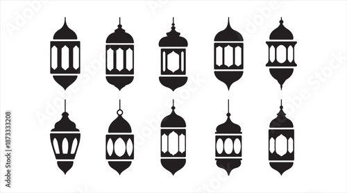 Arabic fanous lamp black silhouettes set for Eid and Muslim festival decoration