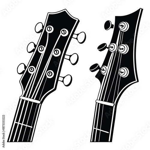 Detailed depictions of two guitar headstocks are presented in a striking black and white silhouette