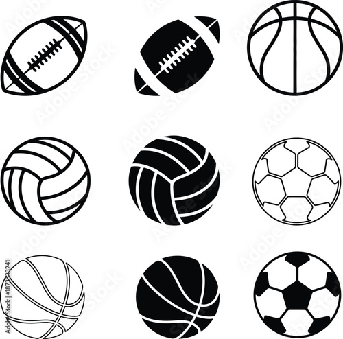 Collection of different sports balls including football, soccer, volleyball, and basketball