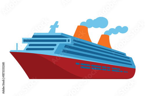 A large red and blue cruise ship with smokestacks emitting steam