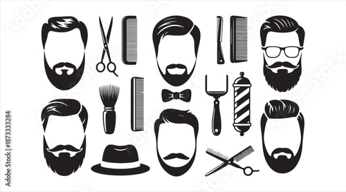 Male hairstyle and beard care black silhouettes set for barbershop and fashion design
