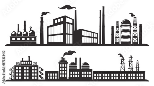 Industrial cityscape with factory buildings smokestacks and power plants in a stark black silhouette high quality