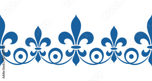 A blue fleur-de-lis pattern on a white background with ornate designs