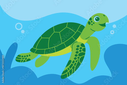 A cartoon sea turtle swimming in the ocean with coral reef