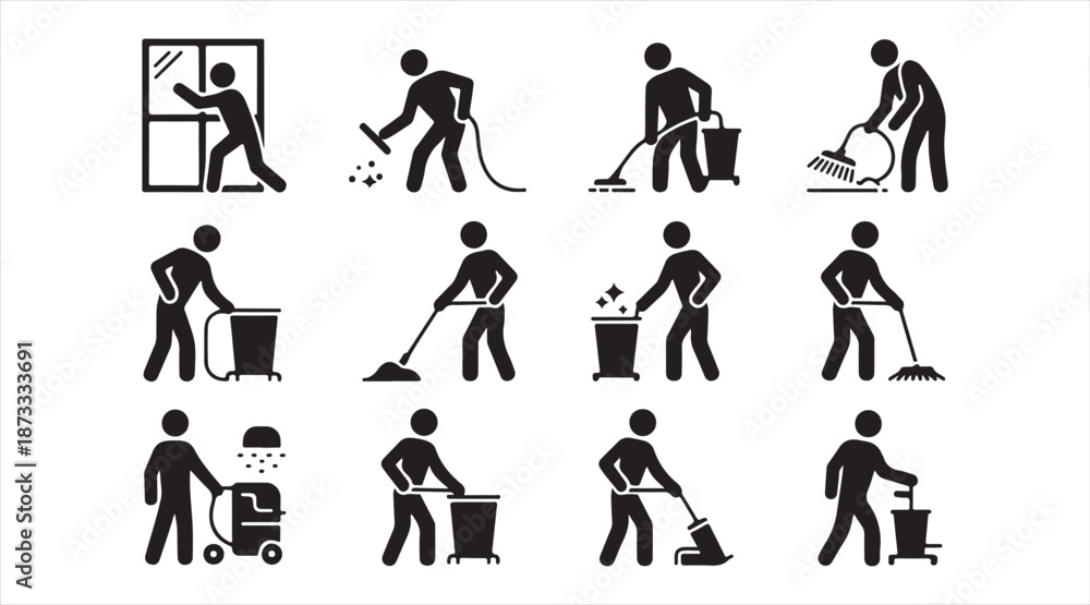 Fototapeta premium Cleaning and janitorial work silhouettes collection for housekeeping and maintenance services