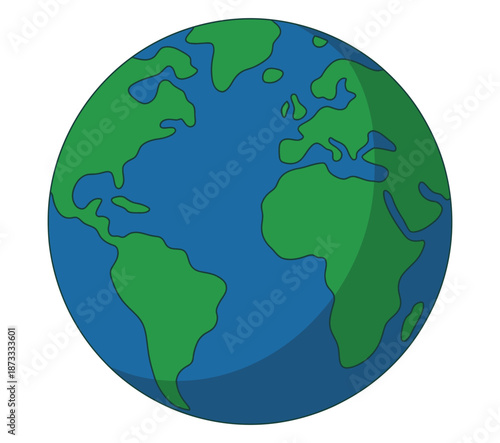 A colorful illustration of the Earth from space with blue oceans and green continents