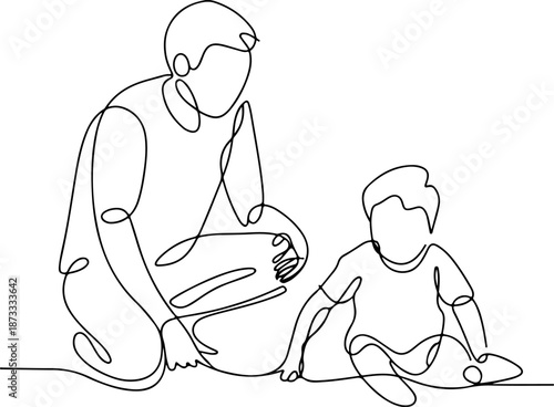Continuous Line Art of a Parent Watching a Child Play – Minimal One Line Family Love Illustration, Modern Emotional Design