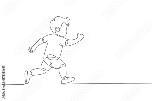 A simple line drawing of a boy running quickly across the ground