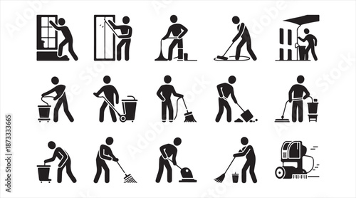 Janitor and cleaning service silhouette icon pack isolated on white background