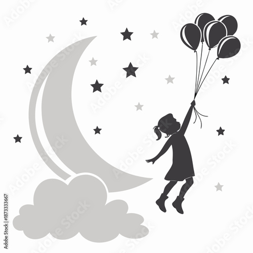 a dreamy scene with a crescent moon stars fluffy clouds and a child reaching for balloons silhouette