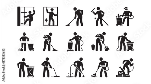 House cleaning and sanitation black silhouettes set with worker activity icons