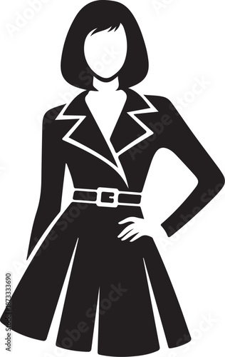 A woman in a black dress with a belt and white accents