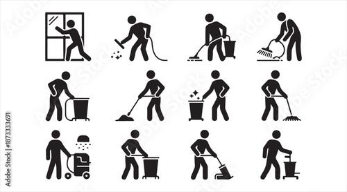 Cleaning and janitorial work silhouettes collection for housekeeping and maintenance services