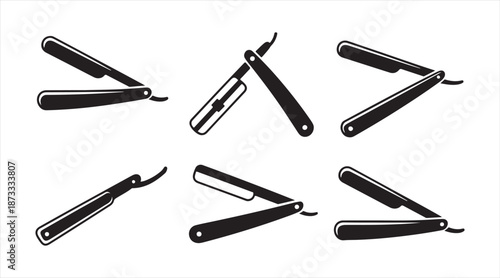 Barber straight razor silhouettes collection for shaving and grooming design