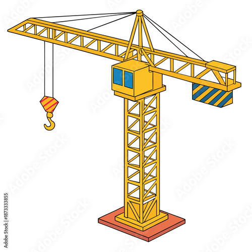 A brightly colored illustration of a construction crane with a hook base and cabin silhouette